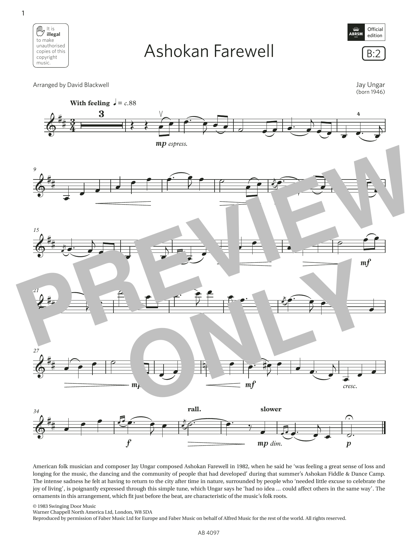 Jay Ungar Ashokan Farewell (Grade 3, B2, from the ABRSM Violin Syllabus from 2024) sheet music notes and chords. Download Printable PDF.