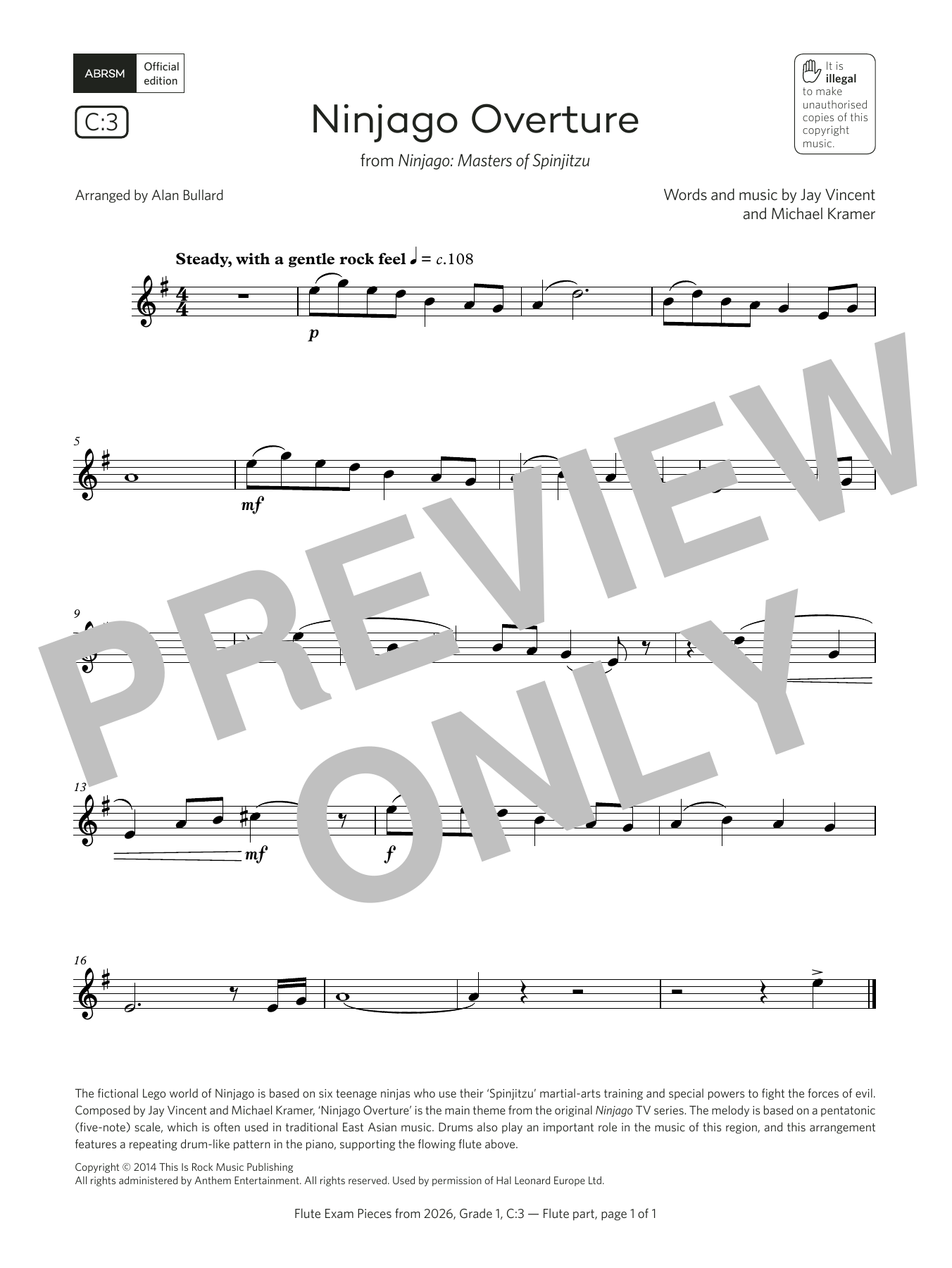 Learn to play Jay Vincent Ninjago Overture (Grade 1, list C3, from the ABRSM Flute Syllabus from 2026) sheet music for Flute Solo in minutes. Price: 3.9900$ Jay Vincent Ninjago Overture (Grade 1, list C3, from the ABRSM Flute Syllabus from 2026) sheet music notes and chords arranged for Flute Solo