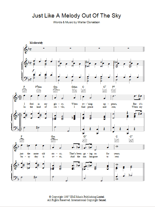 Learn to play Jay Wilbur Just Like A Melody Out Of The Sky sheet music for Piano, Vocal & Guitar Chords in minutes. Price: 7.8900$ Jay Wilbur Just Like A Melody Out Of The Sky sheet music notes and chords arranged for Piano, Vocal & Guitar Chords