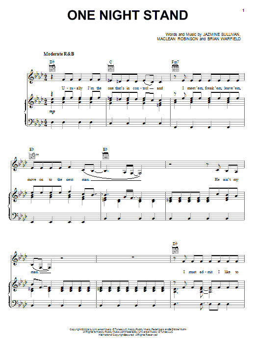 Learn to play Jazmine Sullivan One Night Stand sheet music for Piano, Vocal & Guitar Chords (Right-Hand Melody) in minutes. Price: 7.8900$ Jazmine Sullivan One Night Stand sheet music notes and chords arranged for Piano, Vocal & Guitar Chords (Right-Hand Melody)