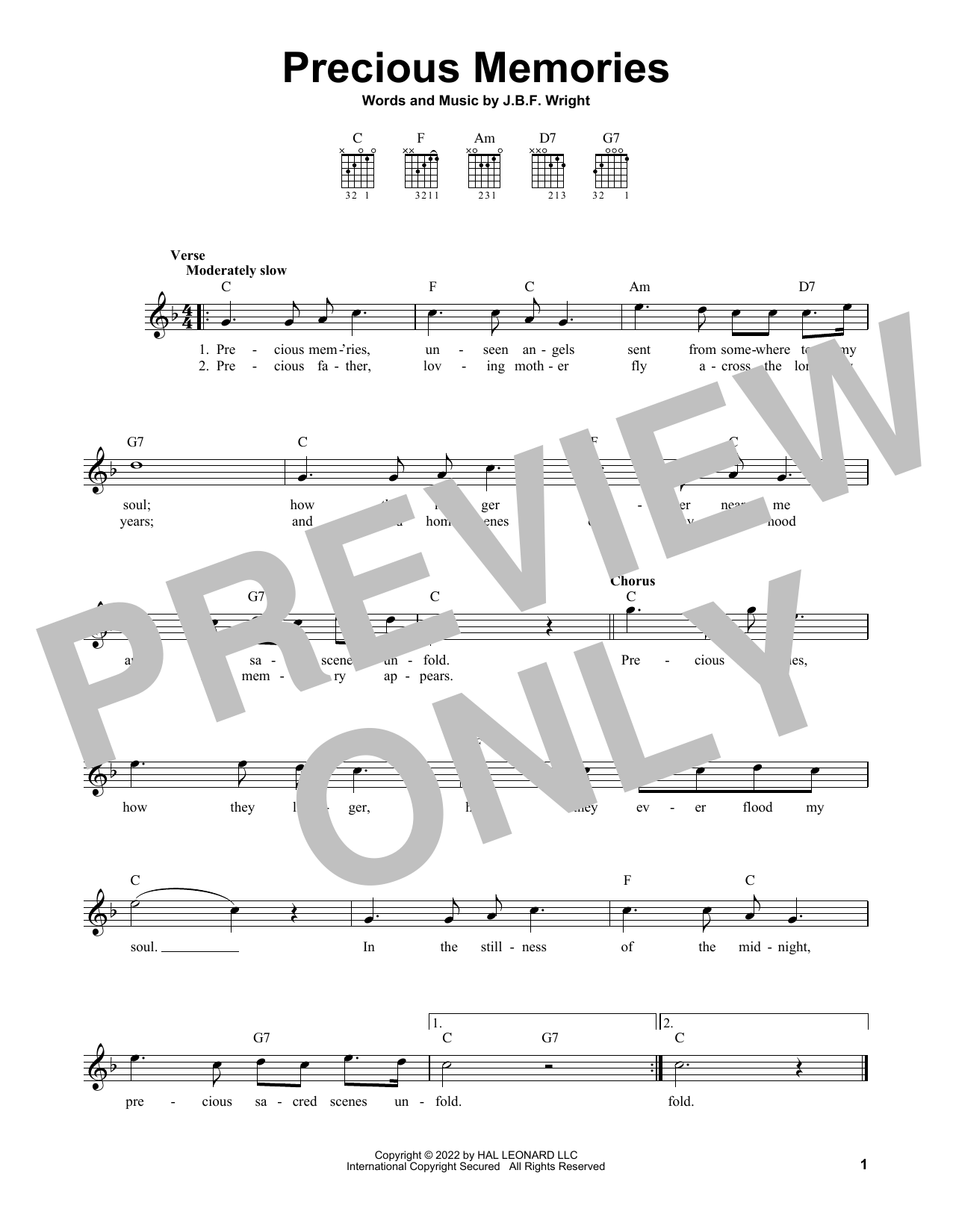 J.B.F. Wright Precious Memories sheet music notes and chords arranged for Easy Piano