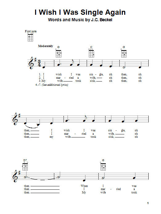 Learn to play J.C. Beckel I Wish I Were Single Again sheet music for Ukulele in minutes. Price: 5.9900$ J.C. Beckel I Wish I Were Single Again sheet music notes and chords arranged for Ukulele