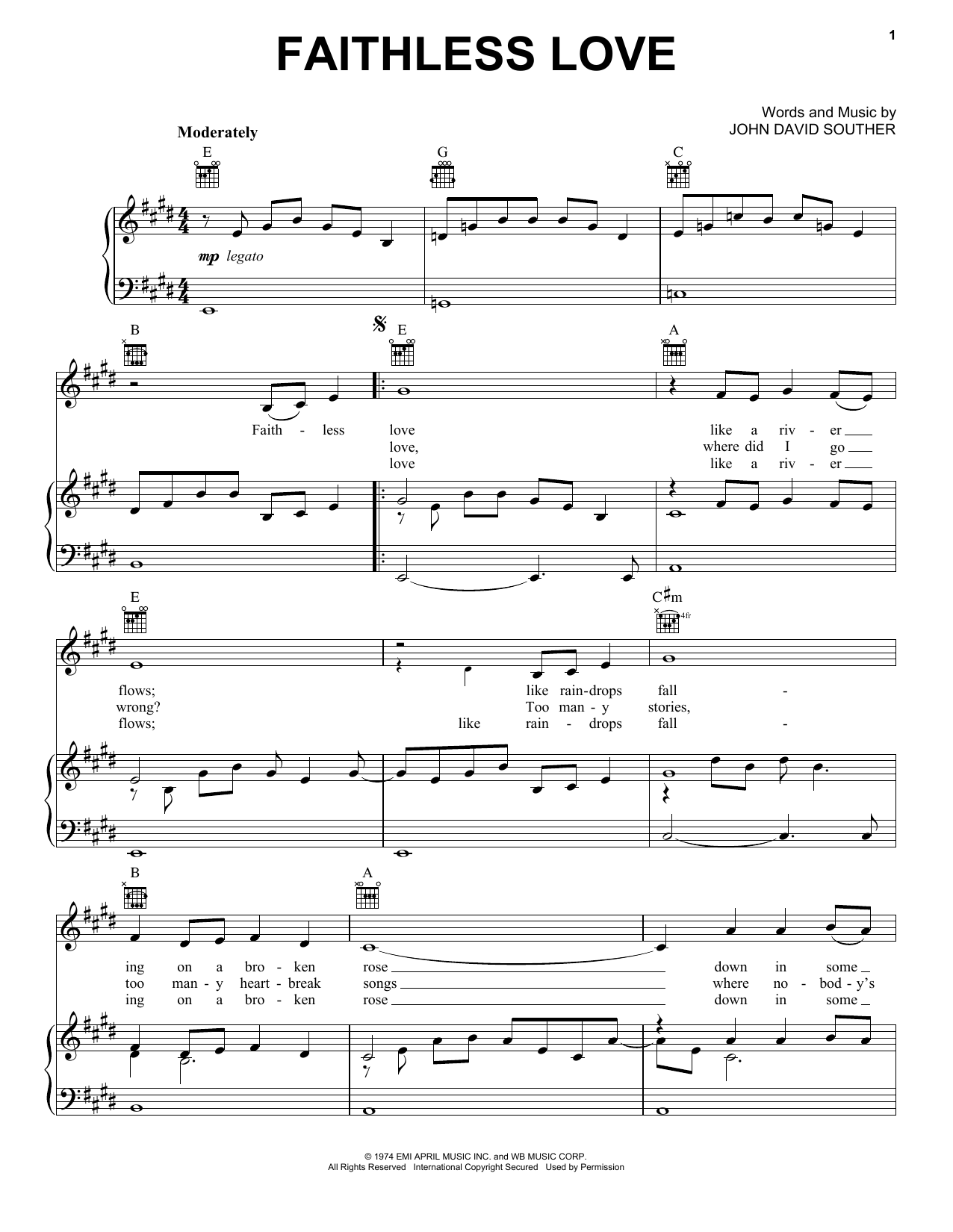 J.D. Souther Faithless Love sheet music notes and chords. Download Printable PDF.