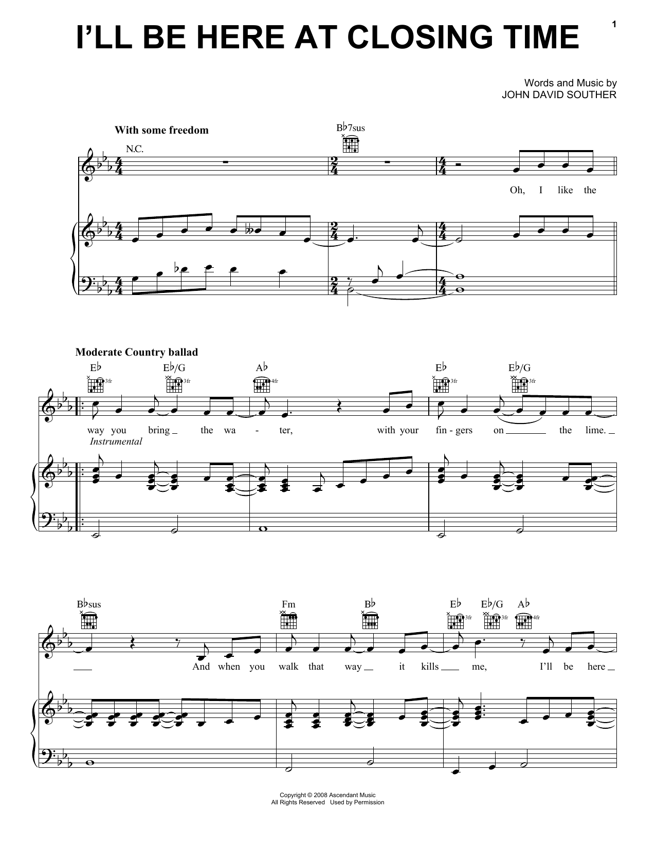 Learn to play J.D. Souther I'll Be Here At Closing Time sheet music for Piano, Vocal & Guitar Chords (Right-Hand Melody) in minutes. Price: 7.8900$ J.D. Souther I'll Be Here At Closing Time sheet music notes and chords arranged for Piano, Vocal & Guitar Chords (Right-Hand Melody)