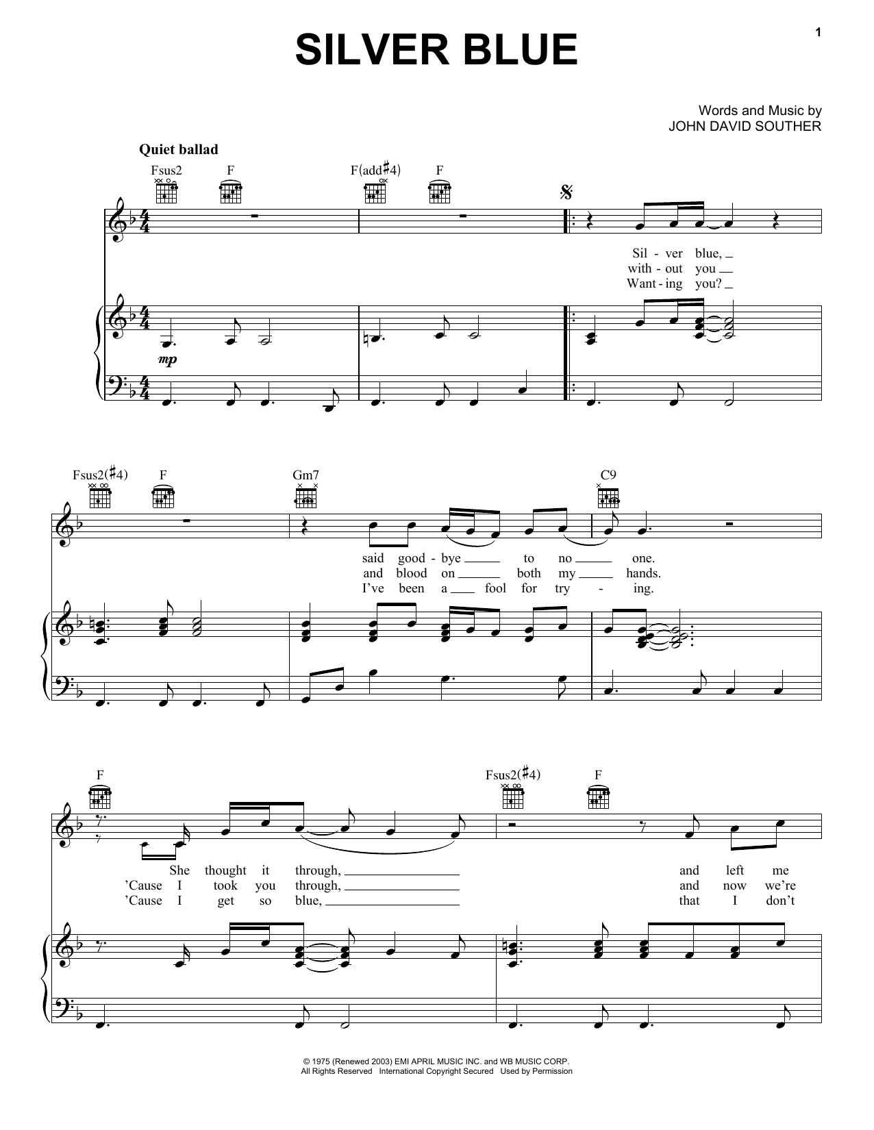 Learn to play J.D. Souther Silver Blue sheet music for Piano, Vocal & Guitar Chords (Right-Hand Melody) in minutes. Price: 7.8900$ J.D. Souther Silver Blue sheet music notes and chords arranged for Piano, Vocal & Guitar Chords (Right-Hand Melody)