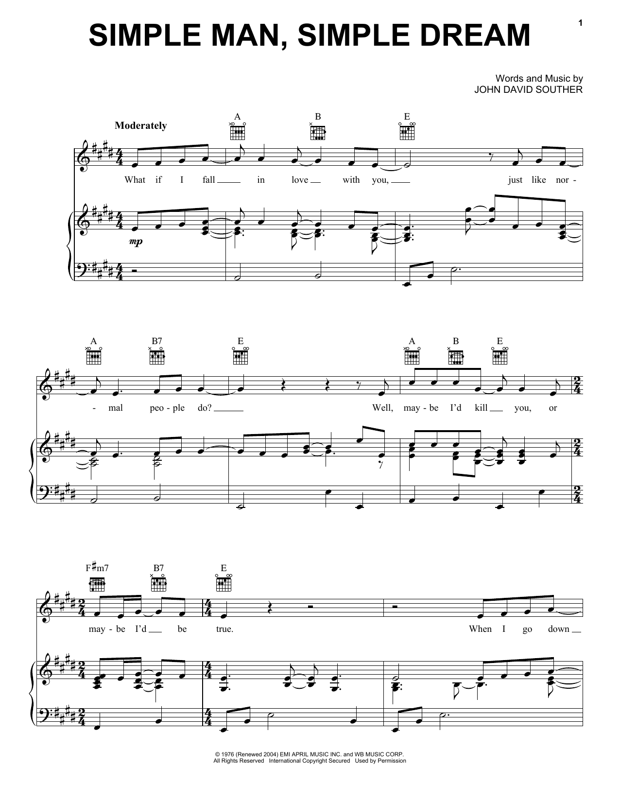 J.D. Souther Simple Man Simple Dream sheet music notes and chords. Download Printable PDF.