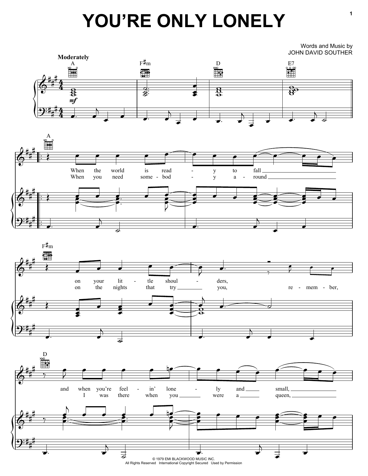 J.D. Souther You're Only Lonely sheet music notes and chords. Download Printable PDF.