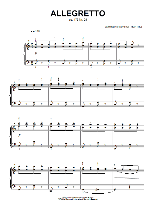 Learn to play Jean-Baptiste Duvernoy Allegretto, Op.176, No.24 sheet music for Piano Solo in minutes. Price: 7.8900$ Jean-Baptiste Duvernoy Allegretto, Op.176, No.24 sheet music notes and chords arranged for Piano Solo