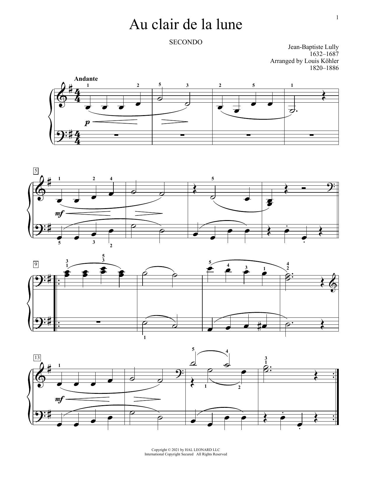 Learn to play Jean-Baptiste Lully Au Clair De La Lune sheet music for Piano Duet in minutes. Price: 7.8900$ Jean-Baptiste Lully Au Clair De La Lune sheet music notes and chords arranged for Piano Duet
