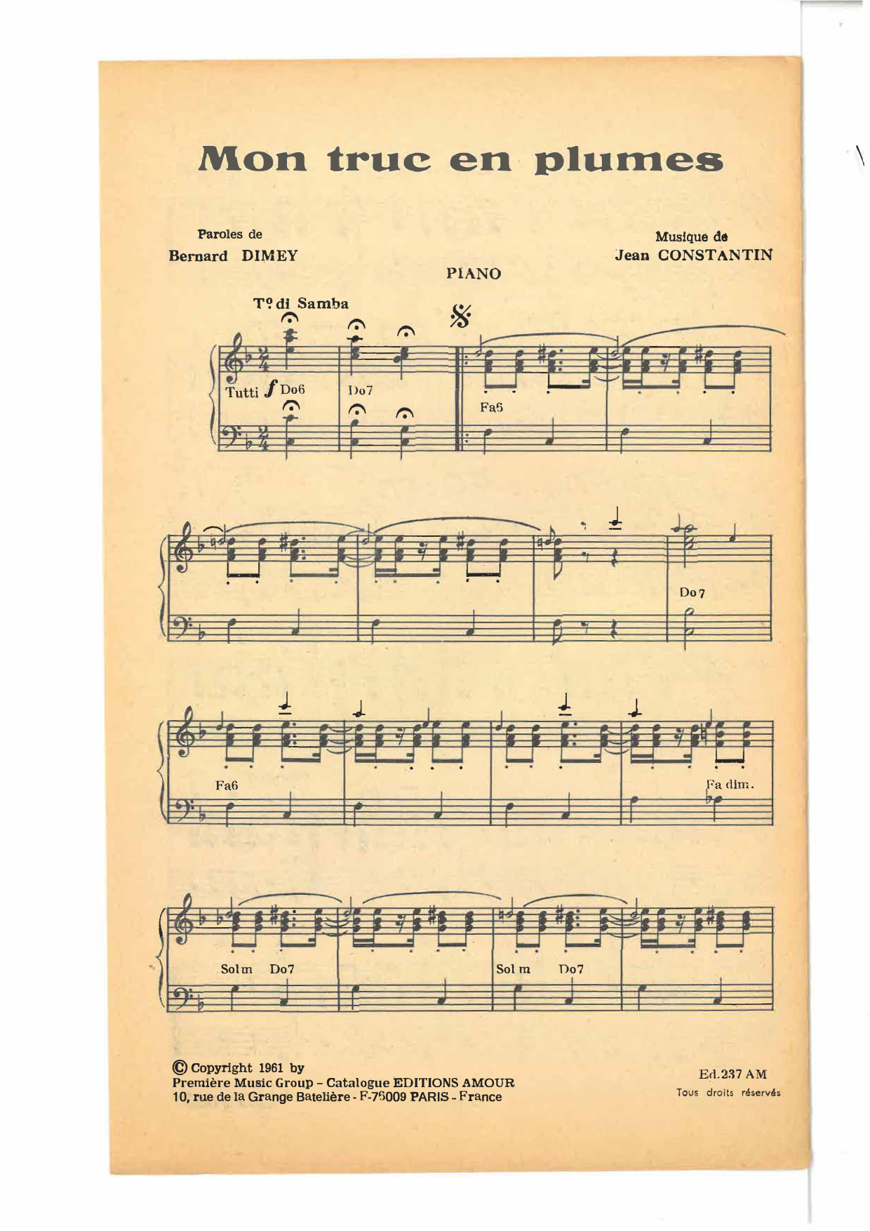 Jean Constantin Mon Truc En Plumes sheet music notes and chords. Download Printable PDF.