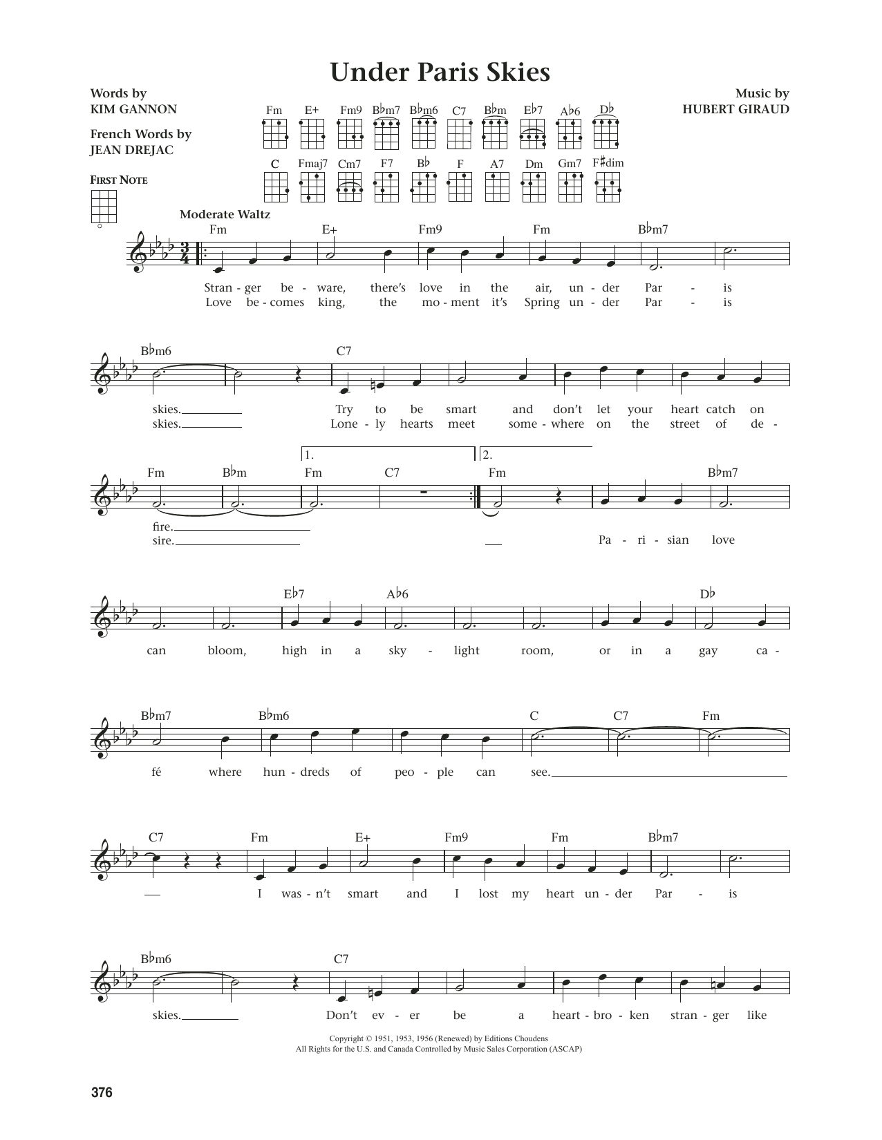 Jean Drejac Under Paris Skies (from The Daily Ukulele) (arr. Jim Beloff) sheet music notes and chords. Download Printable PDF.