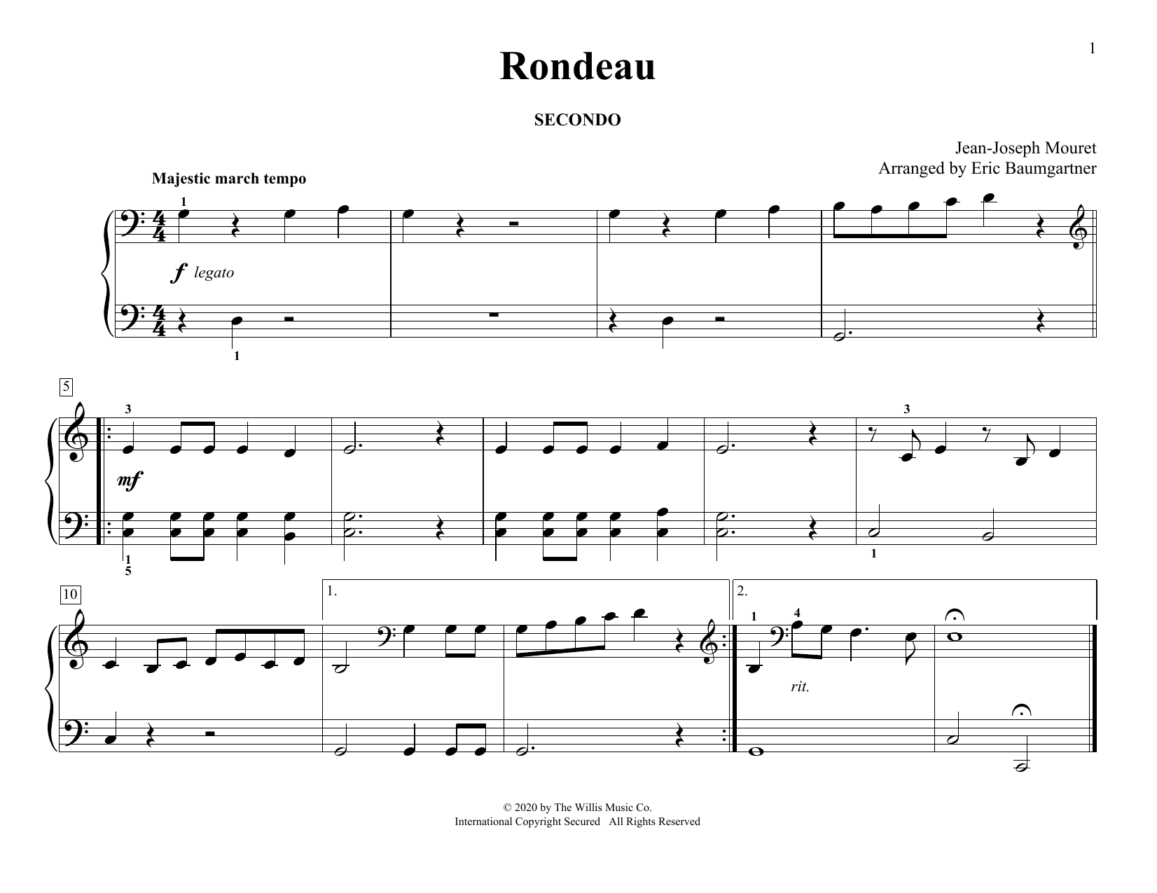 Learn to play Jean-Joseph Mouret Rondeau (arr. Eric Baumgartner) sheet music for Piano Duet in minutes. Price: 7.8900$ Jean-Joseph Mouret Rondeau (arr. Eric Baumgartner) sheet music notes and chords arranged for Piano Duet