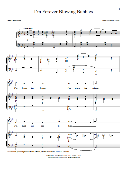 Learn to play Jean Kenbrovin I'm Forever Blowing Bubbles sheet music for Piano & Vocal in minutes. Price: 6.9900$ Jean Kenbrovin I'm Forever Blowing Bubbles sheet music notes and chords arranged for Piano & Vocal
