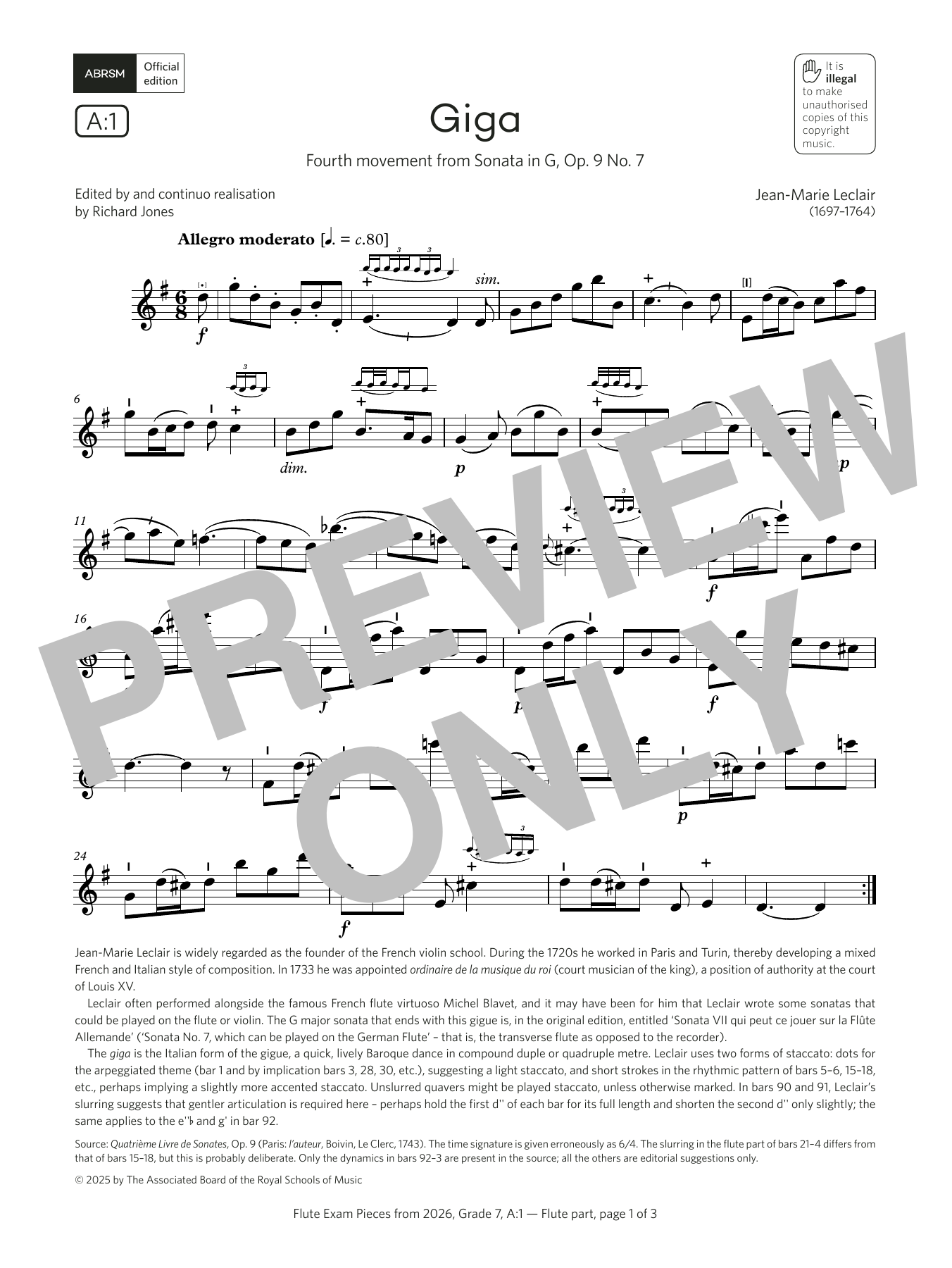 Learn to play Jean-Marie LeClair Giga (Grade 7, list A1, from the ABRSM Flute Syllabus from 2026) sheet music for Flute Solo in minutes. Price: 6.9900$ Jean-Marie LeClair Giga (Grade 7, list A1, from the ABRSM Flute Syllabus from 2026) sheet music notes and chords arranged for Flute Solo
