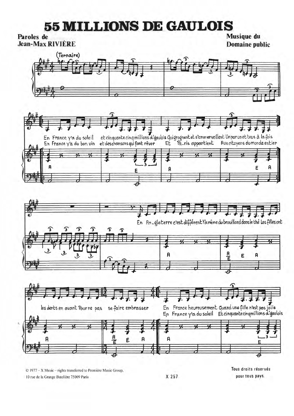 Learn to play Jean-Max Riviere 55,000,000 De Gaulois sheet music for Piano & Vocal in minutes. Price: 7.8900$ Jean-Max Riviere 55,000,000 De Gaulois sheet music notes and chords arranged for Piano & Vocal