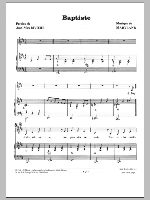 Learn to play Jean-Max Rivière Baptiste sheet music for Piano & Vocal in minutes. Price: 7.8900$ Jean-Max Rivière Baptiste sheet music notes and chords arranged for Piano & Vocal