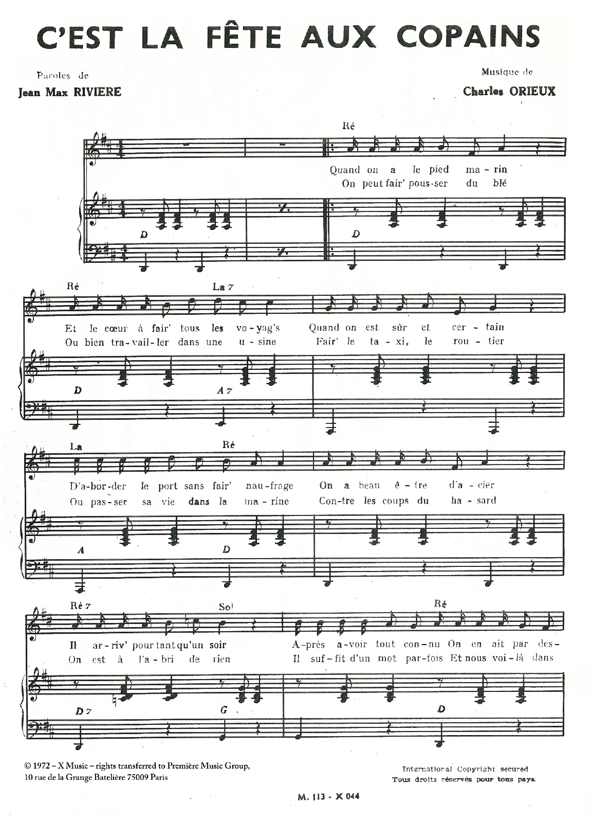 Learn to play Charles Orieux C'est La Fête Aux Copains sheet music for Piano & Vocal in minutes. Price: 7.8900$ Charles Orieux C'est La Fête Aux Copains sheet music notes and chords arranged for Piano & Vocal