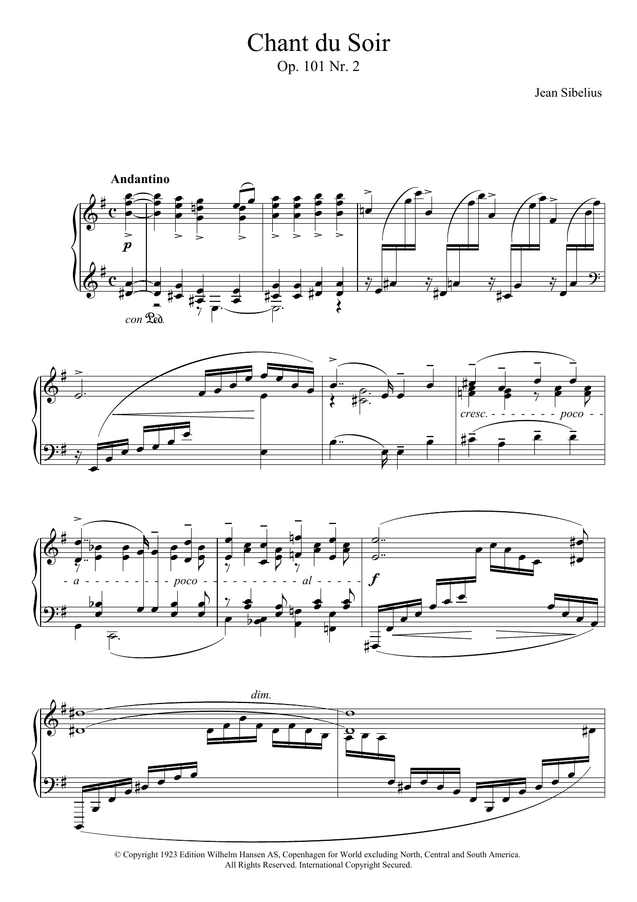 Learn to play Jean Sibelius 5 Morceaux Romantiques, Op.101 - II. Chant Du Soir sheet music for Piano Solo in minutes. Price: 7.8900$ Jean Sibelius 5 Morceaux Romantiques, Op.101 - II. Chant Du Soir sheet music notes and chords arranged for Piano Solo