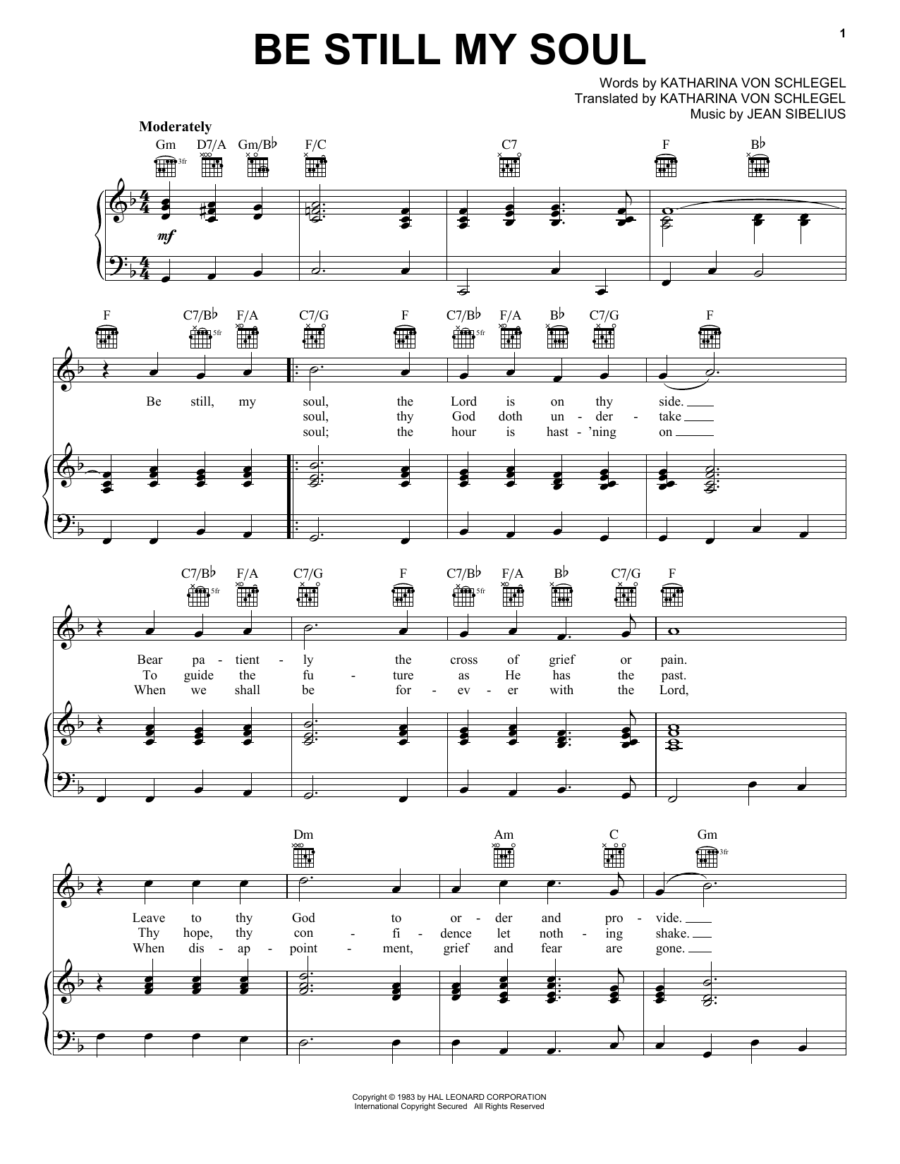 Jean Sibelius Be Still My Soul sheet music notes and chords. Download Printable PDF.