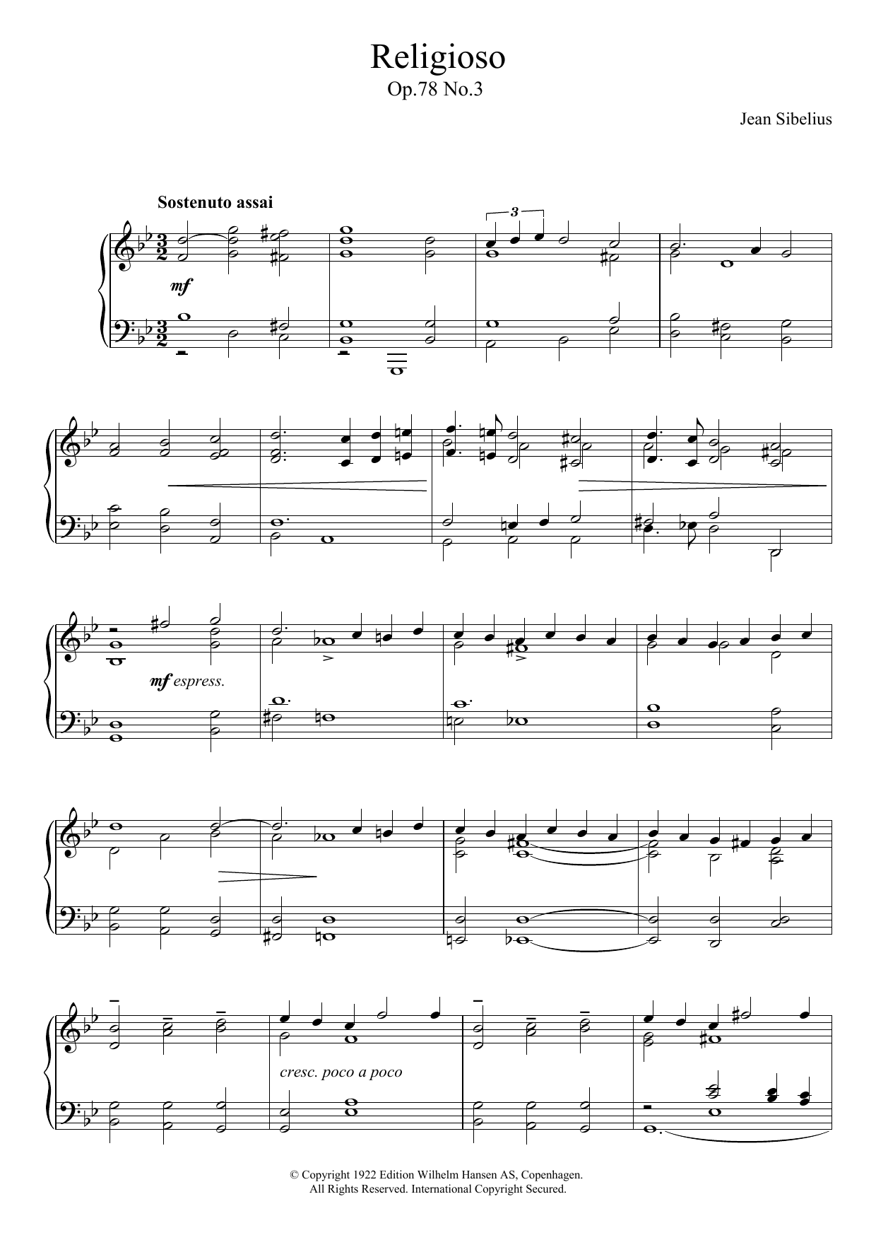 Learn to play Jean Sibelius Religioso, Op.78 No.3 sheet music for Piano Solo in minutes. Price: 7.8900$ Jean Sibelius Religioso, Op.78 No.3 sheet music notes and chords arranged for Piano Solo