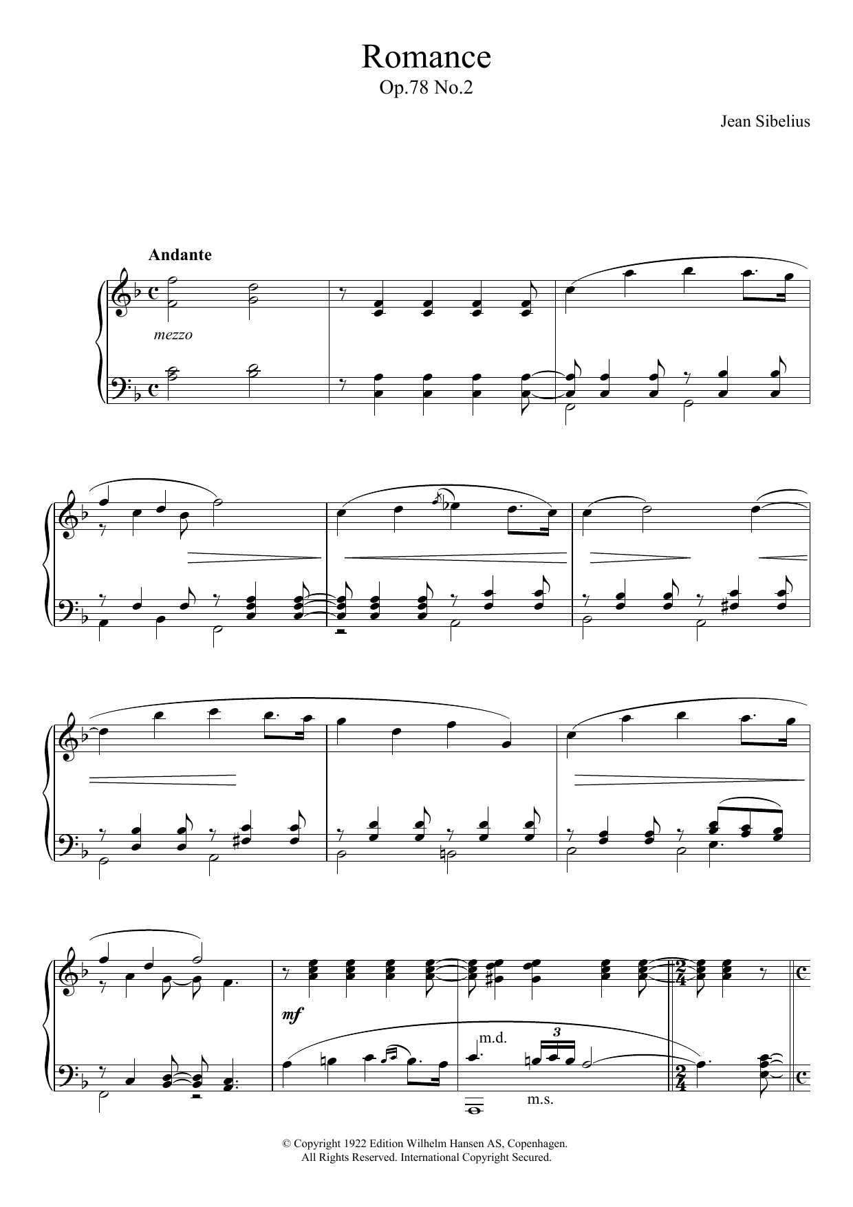 Jean Sibelius Romance, Op.78 No.2 sheet music notes and chords arranged for Piano Solo