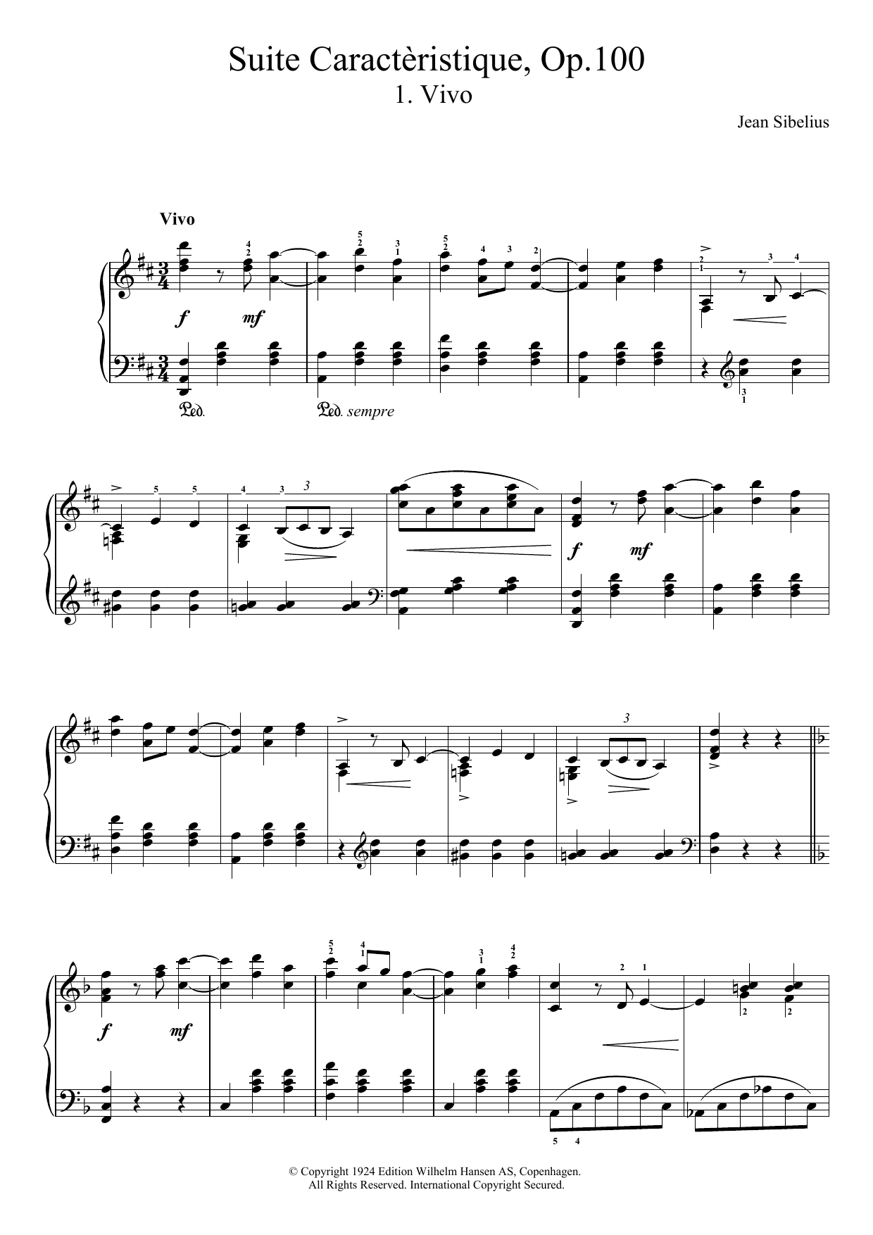 Jean Sibelius Suite Caractèristique, Op.100 - I. Vivo sheet music notes and chords arranged for Piano Solo