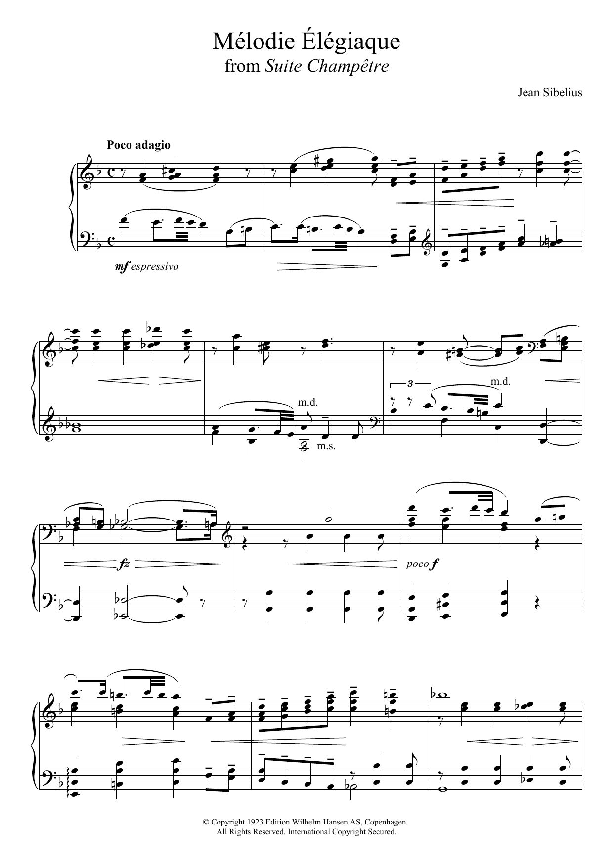 Learn to play Jean Sibelius Suite Champêtre, Op.98B - II. Mélodie Élégiaque sheet music for Piano Solo in minutes. Price: 7.8900$ Jean Sibelius Suite Champêtre, Op.98B - II. Mélodie Élégiaque sheet music notes and chords arranged for Piano Solo