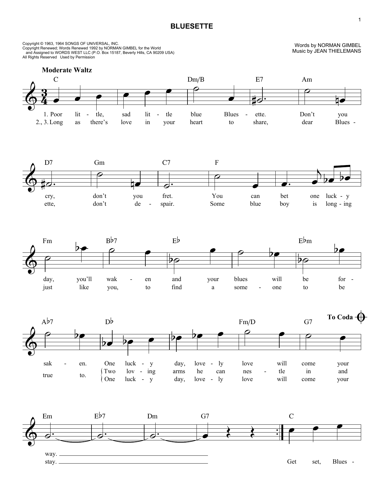 Learn to play Jean Thielemans Bluesette sheet music for Easy Lead Sheet / Fake Book in minutes. Price: 5.9900$ Jean Thielemans Bluesette sheet music notes and chords arranged for Easy Lead Sheet / Fake Book