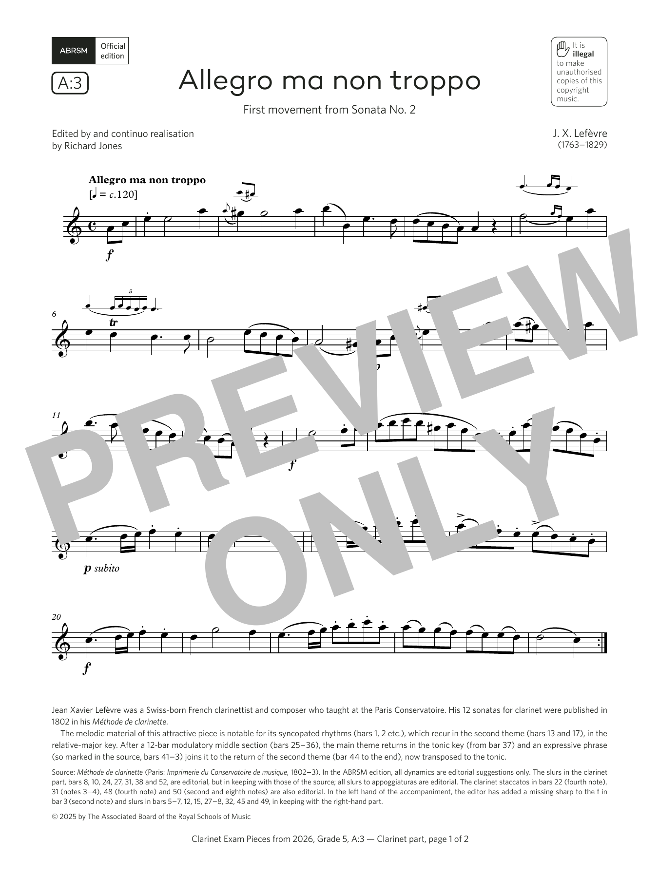 Learn to play Jean Xavier Lefèvre Allegro ma non troppo (Grade 5, list A3, from the ABRSM Clarinet Syllabus from 2026) sheet music for Clarinet Solo in minutes. Price: 5.9900$ Jean Xavier Lefèvre Allegro ma non troppo (Grade 5, list A3, from the ABRSM Clarinet Syllabus from 2026) sheet music notes and chords arranged for Clarinet Solo