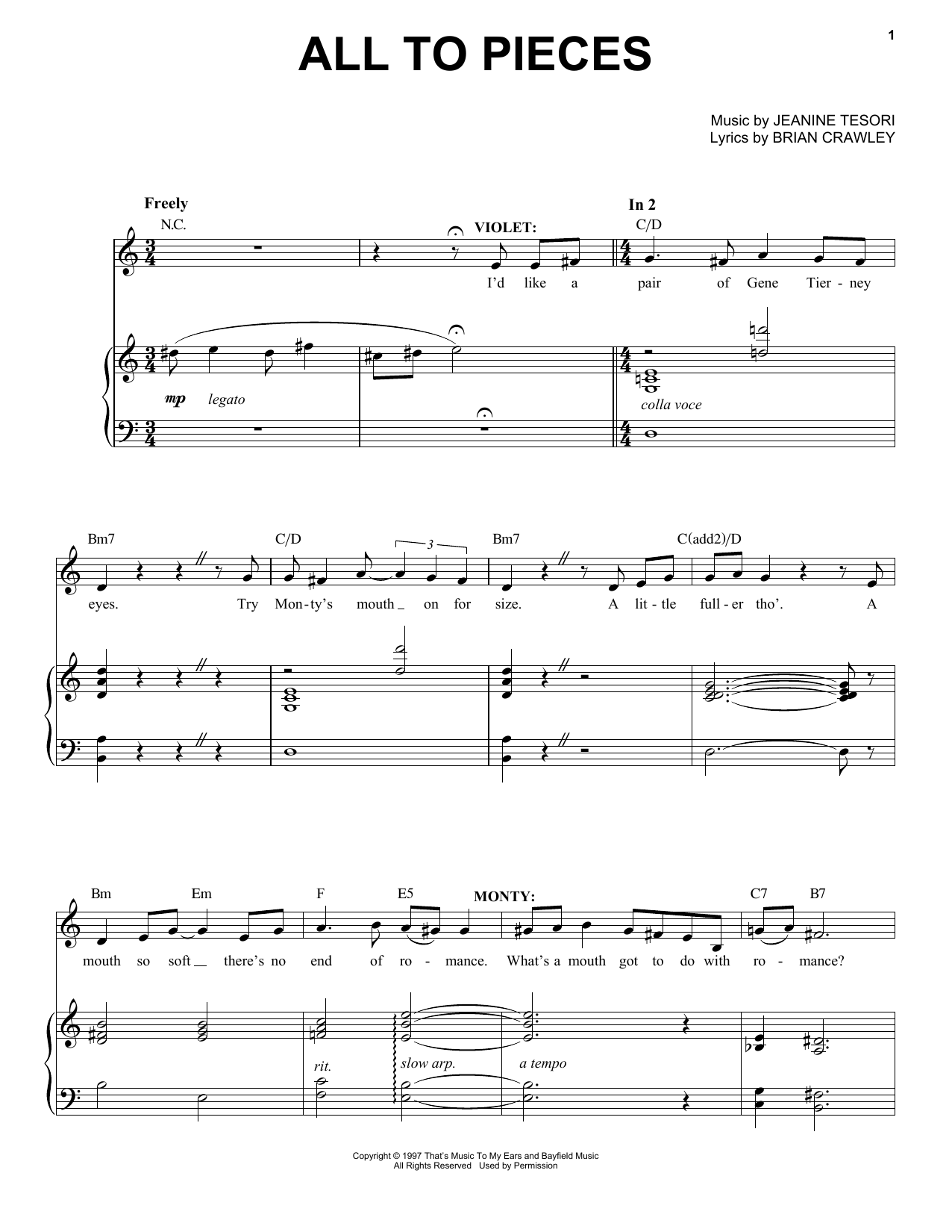 Learn to play Jeanine Tesori All To Pieces sheet music for Piano & Vocal in minutes. Price: 7.8900$ Jeanine Tesori All To Pieces sheet music notes and chords arranged for Piano & Vocal