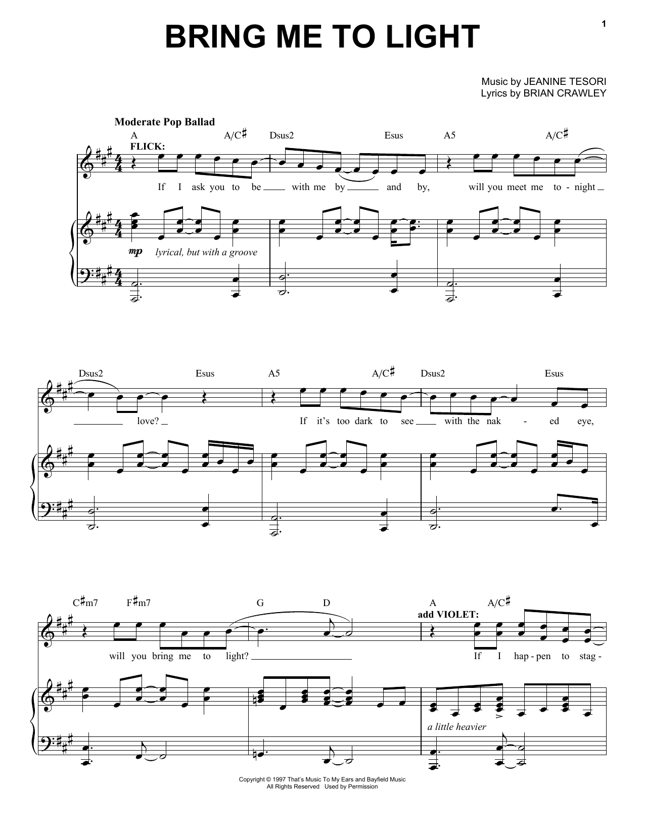 Jeanine Tesori Bring Me To Light sheet music notes and chords. Download Printable PDF.