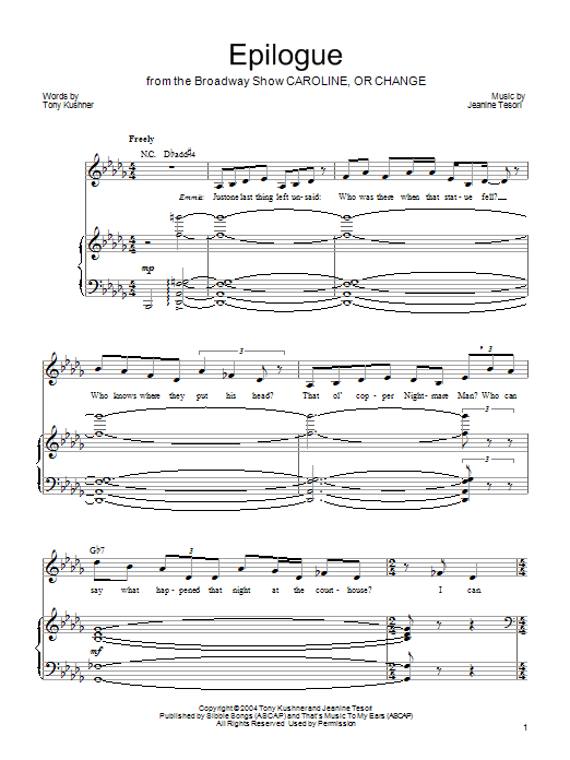 Jeanine Tesori Epilogue sheet music notes and chords arranged for Piano, Vocal & Guitar Chords (Right-Hand Melody)