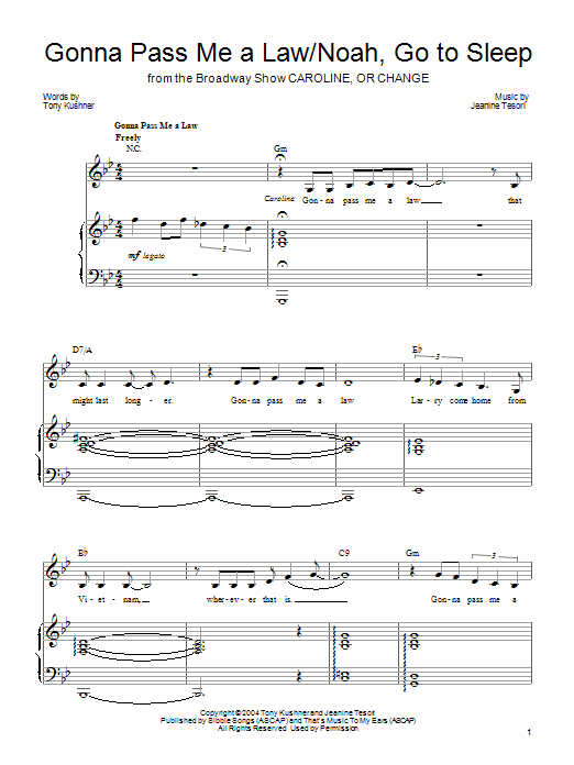 Learn to play Jeanine Tesori Gonna Pass Me A Law/Noah, Go To Sleep sheet music for Piano, Vocal & Guitar Chords (Right-Hand Melody) in minutes. Price: 7.8900$ Jeanine Tesori Gonna Pass Me A Law/Noah, Go To Sleep sheet music notes and chords arranged for Piano, Vocal & Guitar Chords (Right-Hand Melody)