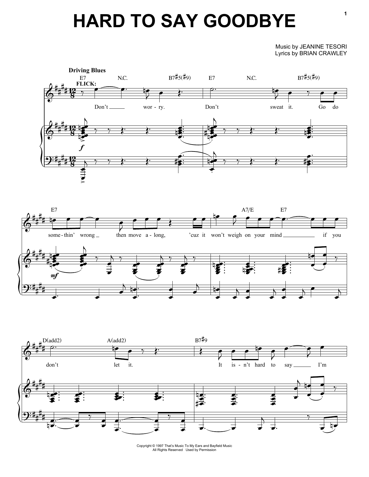 Learn to play Jeanine Tesori Hard To Say Goodbye sheet music for Piano & Vocal in minutes. Price: 7.8900$ Jeanine Tesori Hard To Say Goodbye sheet music notes and chords arranged for Piano & Vocal