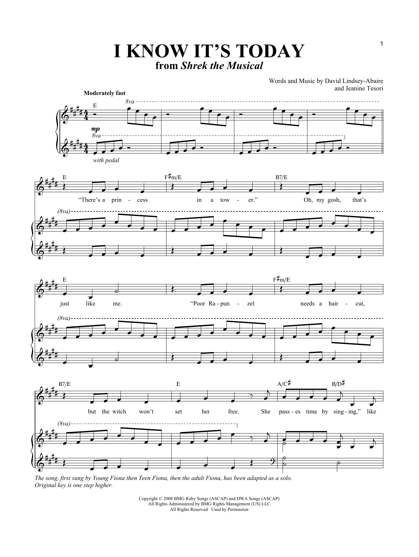 Learn to play Jeanine Tesori I Know It's Today (Young Fiona and Teen Fiona) sheet music for Piano & Vocal in minutes. Price: 7.8900$ Jeanine Tesori I Know It's Today (Young Fiona and Teen Fiona) sheet music notes and chords arranged for Piano & Vocal