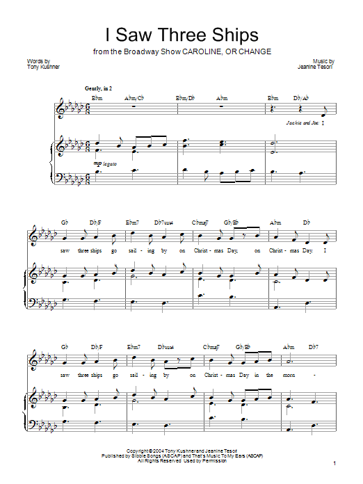 Learn to play Jeanine Tesori I Saw Three Ships sheet music for Piano, Vocal & Guitar Chords (Right-Hand Melody) in minutes. Price: 7.8900$ Jeanine Tesori I Saw Three Ships sheet music notes and chords arranged for Piano, Vocal & Guitar Chords (Right-Hand Melody)