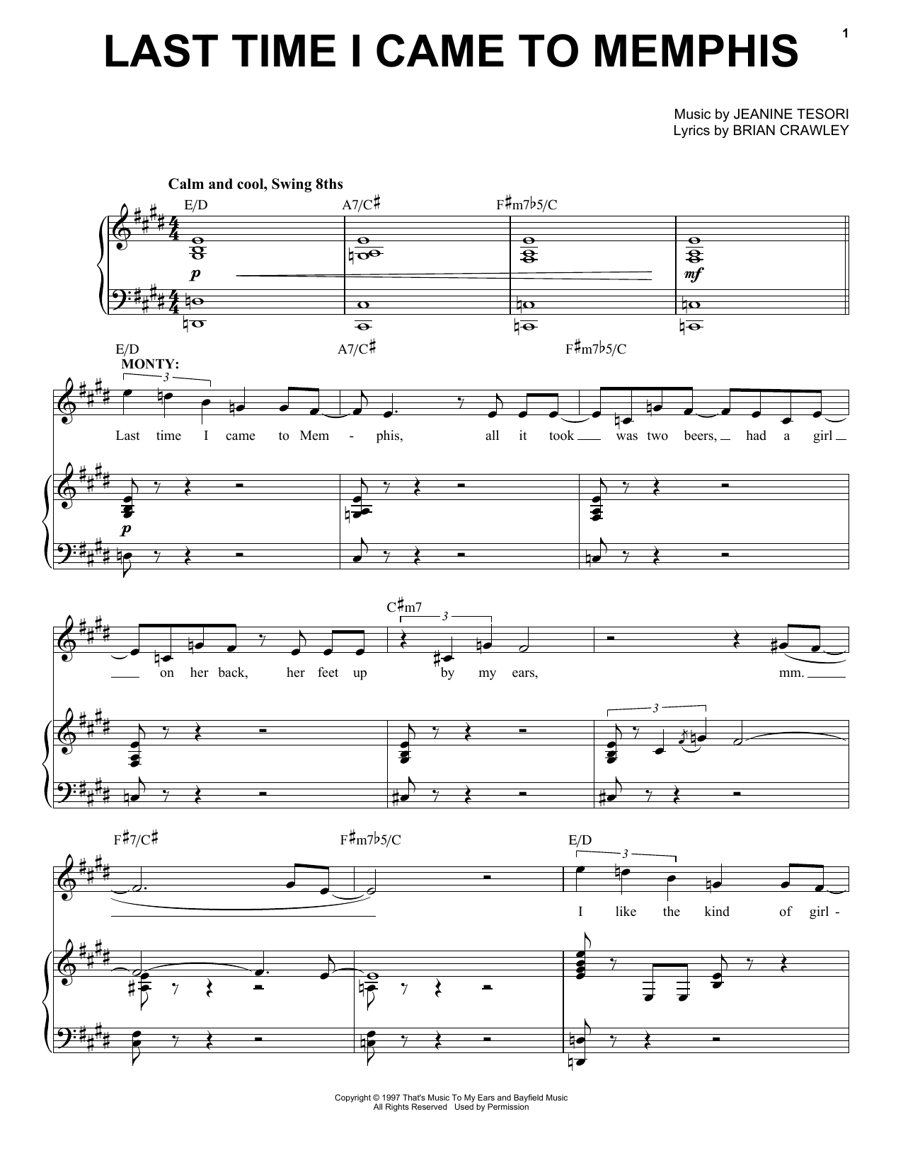 Jeanine Tesori Last Time I Came To Memphis sheet music notes and chords. Download Printable PDF.