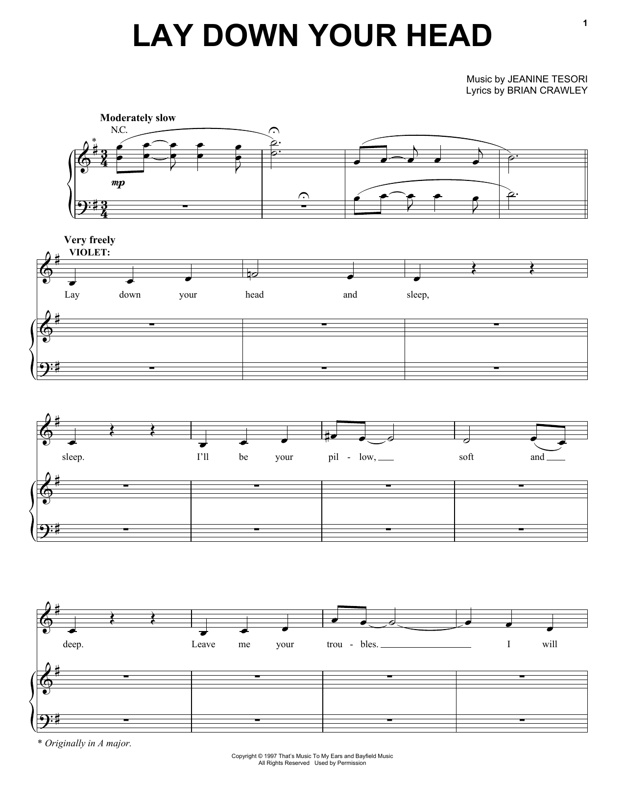 Learn to play Jeanine Tesori Lay Down Your Head sheet music for Piano & Vocal in minutes. Price: 7.8900$ Jeanine Tesori Lay Down Your Head sheet music notes and chords arranged for Piano & Vocal