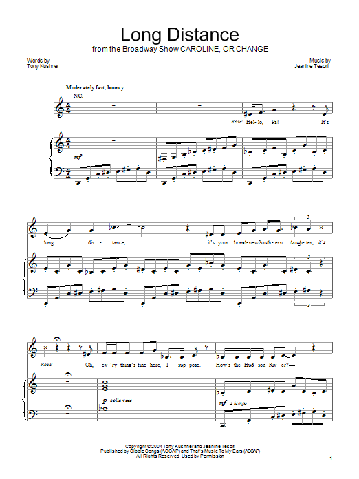 Learn to play Jeanine Tesori Long Distance sheet music for Piano, Vocal & Guitar Chords (Right-Hand Melody) in minutes. Price: 7.8900$ Jeanine Tesori Long Distance sheet music notes and chords arranged for Piano, Vocal & Guitar Chords (Right-Hand Melody)