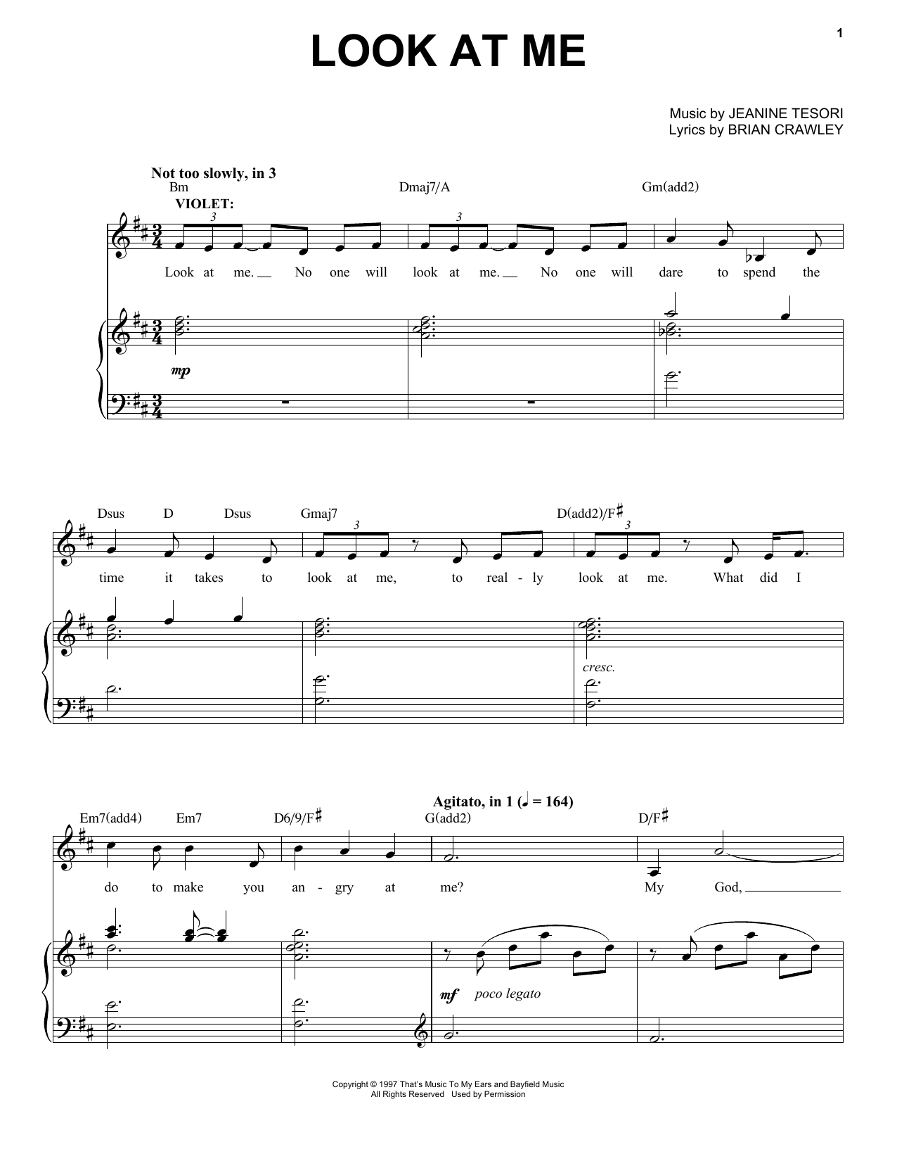 Learn to play Jeanine Tesori Look At Me sheet music for Piano & Vocal in minutes. Price: 7.8900$ Jeanine Tesori Look At Me sheet music notes and chords arranged for Piano & Vocal