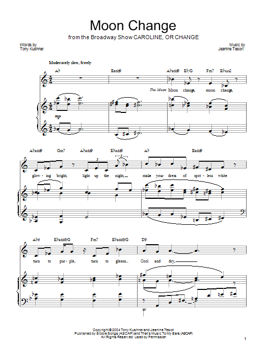 Learn to play Jeanine Tesori Moon Change sheet music for Piano, Vocal & Guitar Chords (Right-Hand Melody) in minutes. Price: 7.8900$ Jeanine Tesori Moon Change sheet music notes and chords arranged for Piano, Vocal & Guitar Chords (Right-Hand Melody)