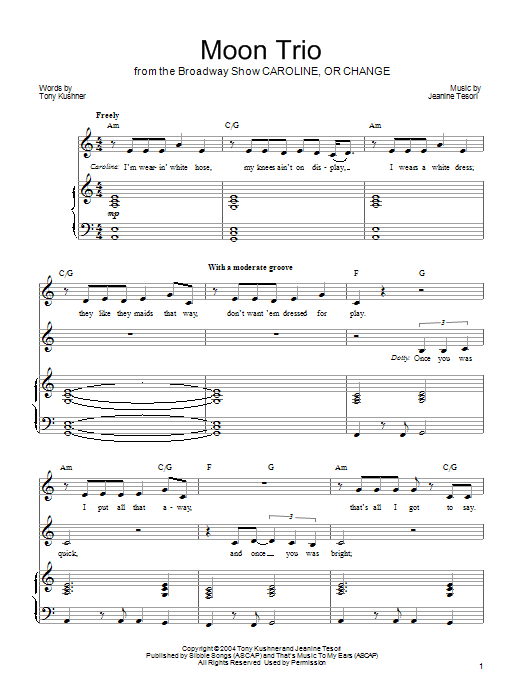 Learn to play Jeanine Tesori Moon Trio sheet music for Piano, Vocal & Guitar Chords (Right-Hand Melody) in minutes. Price: 7.8900$ Jeanine Tesori Moon Trio sheet music notes and chords arranged for Piano, Vocal & Guitar Chords (Right-Hand Melody)