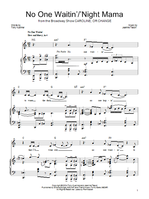 Learn to play Jeanine Tesori No One Waitin'/'Night Mamma sheet music for Piano, Vocal & Guitar Chords (Right-Hand Melody) in minutes. Price: 7.8900$ Jeanine Tesori No One Waitin'/'Night Mamma sheet music notes and chords arranged for Piano, Vocal & Guitar Chords (Right-Hand Melody)