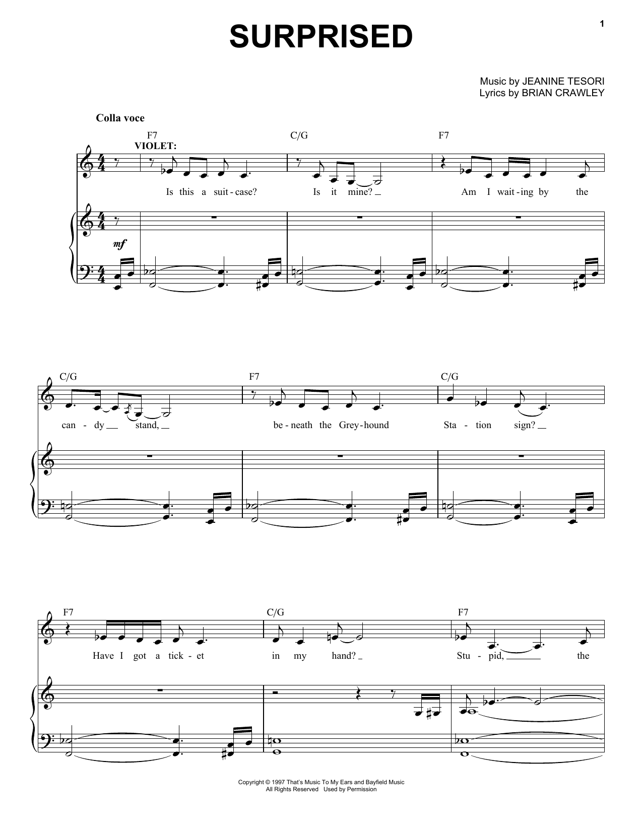 Learn to play Jeanine Tesori Surprised sheet music for Piano & Vocal in minutes. Price: 7.8900$ Jeanine Tesori Surprised sheet music notes and chords arranged for Piano & Vocal