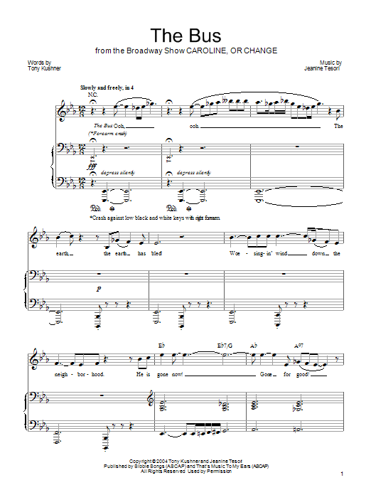 Learn to play Jeanine Tesori The Bus sheet music for Piano, Vocal & Guitar Chords (Right-Hand Melody) in minutes. Price: 7.8900$ Jeanine Tesori The Bus sheet music notes and chords arranged for Piano, Vocal & Guitar Chords (Right-Hand Melody)