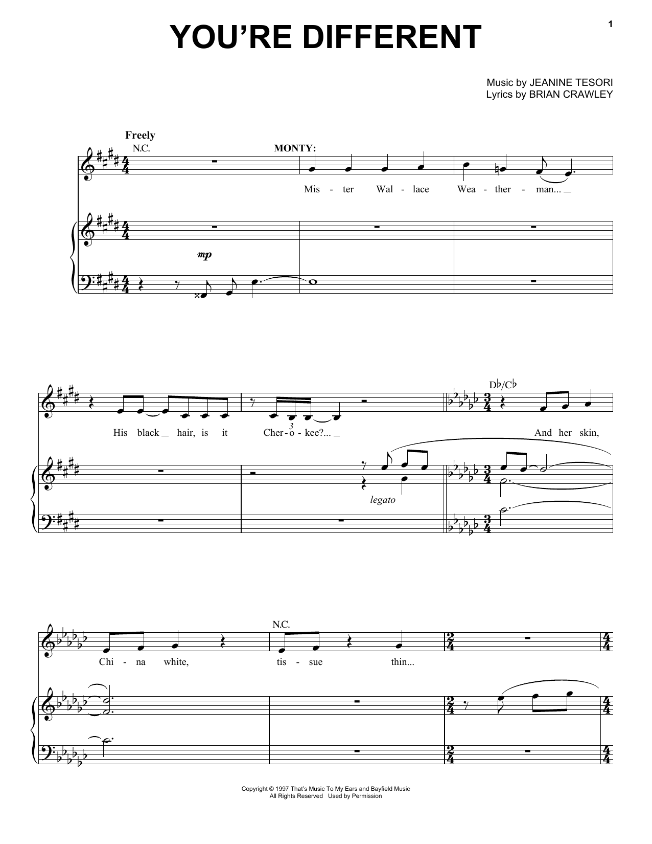 Learn to play Jeanine Tesori You're Different sheet music for Piano & Vocal in minutes. Price: 7.8900$ Jeanine Tesori You're Different sheet music notes and chords arranged for Piano & Vocal