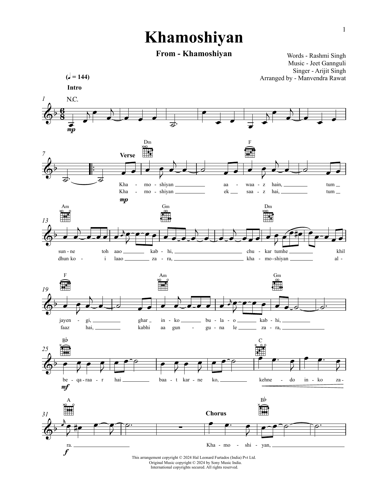 Learn to play Jeet Gannguli and Arijit Singh Khamoshiyan sheet music for Lead Sheet / Fake Book in minutes. Price: 5.9900$ Jeet Gannguli and Arijit Singh Khamoshiyan sheet music notes and chords arranged for Lead Sheet / Fake Book