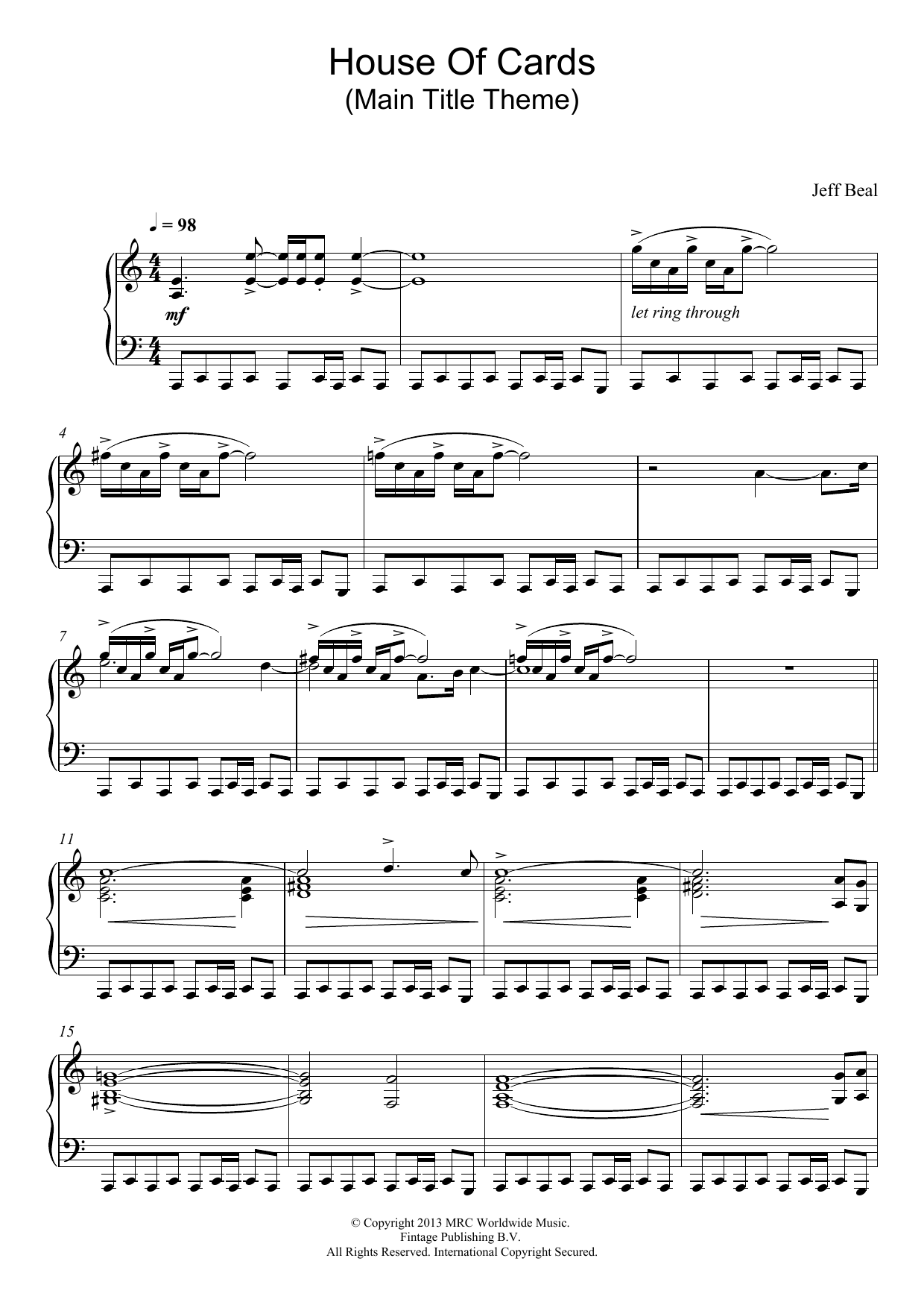 Learn to play Jeff Beal House Of Cards (Main Title Theme) sheet music for Piano Solo in minutes. Price: 7.8900$ Jeff Beal House Of Cards (Main Title Theme) sheet music notes and chords arranged for Piano Solo