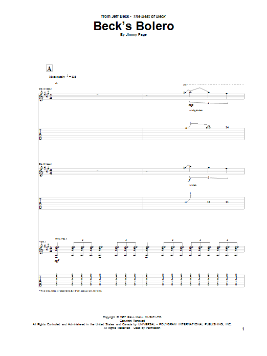 Jeff Beck Beck's Bolero sheet music notes and chords. Download Printable PDF.