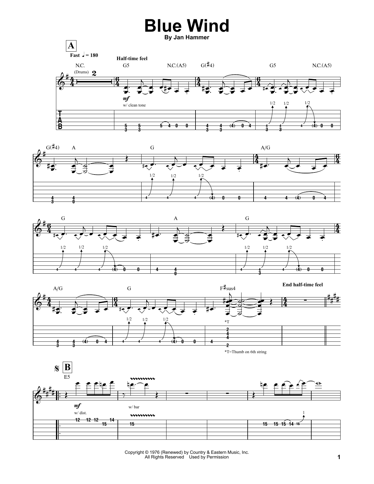 Jeff Beck Blue Wind sheet music notes and chords. Download Printable PDF.